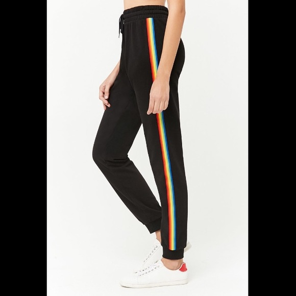 black joggers with rainbow stripe